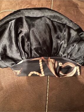 Black Satin Turban-Style Headwrap with Baroque Trim, Bonnet